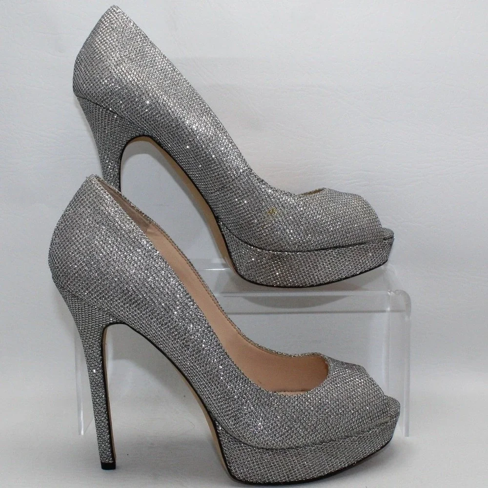 Vince‎ Camuto Lorim Silver Shimmer Peep Toe Platform Pump Heels VC-LORIM 7.5M
